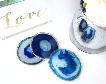 Blue agate coasters. Boho decor agate slice handmade with gold leaf edging. Bohemian home decoration. Price per coaster