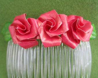 flower hair comb pink, flower hair comb, pink hair flower, pink hair comb, paper roses pink, rose hair comb, rose hair, hair comb floral