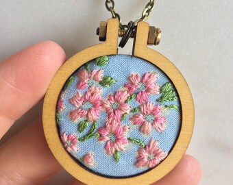 Cherry blossom embroidered necklace, cherry blossom necklace, cherry blossom charm, cherry blossom pendant, flower embroidery design