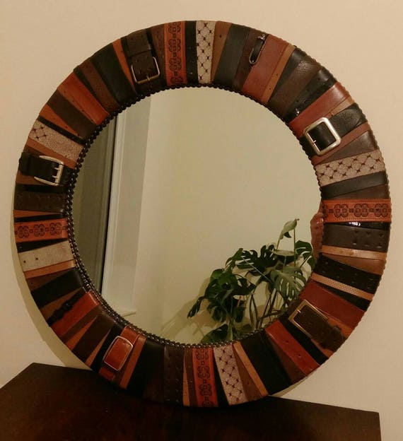 OOAK Leather belt round wall mirror hanging eco retro vintage