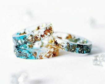 Clear Dark Blue Faceted Resin Ring With Gold Flakes - Resin Stacking Ring