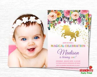 Unicorn Birthday Invitation. Unicorn First Birthday Invitation. Magical Unicorn Birthday Invitation. Floral Unicorn. Unicorn Party. A34