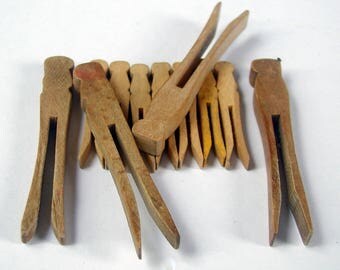 Vintage Wood Clothespins Lot of 10 Assorted 1950's Rustic Wooden Pegs Farmhouse Laundry Room Supplies