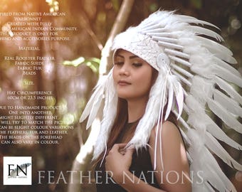 WHITE INDIAN HEADDRESS, Rooster Duck Headdress, Native American Warbonnet, White Warbonnet, Medium Length Warbonnet, Indian Headdress