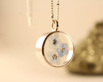 Real Flower Resin Jewelry, Forget Me Not Flower Necklace, Open Bezel Pendant, Silver Chain