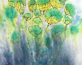 Art abstrait contemporain - Encres sur papier "Envolées 2" -oeurvre originale - Encre vert/bleu