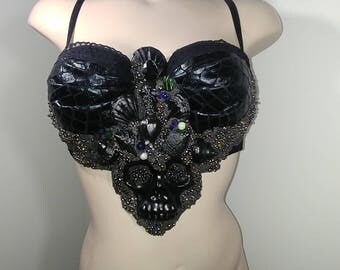 Plus Size Vinyl String Bra Top with Skull Applique main image 1