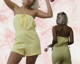 60s / 70s Vintage Medium Yellow Romper / Sixties Seventies Yellow Romper Size M Medium