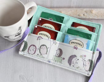 Tea wallet for women, Hedgehog print tea bag holder, handmade tea organzier, travel wallet for tea bags, womens gift ideas