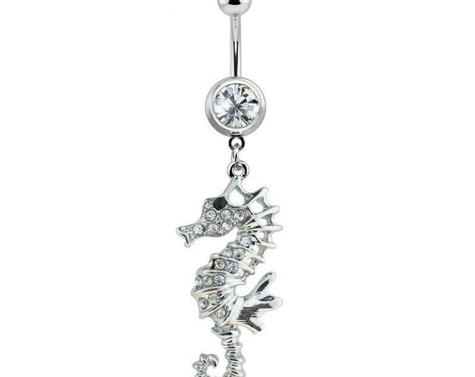 316L Surgical Steel Gem Paved Sea Horse Dangle Belly Ring