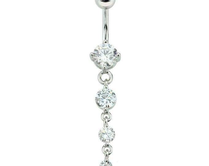 Prong Set Four Gem Cascade Dangle CZ 316L Surgical Steel Navel Ring