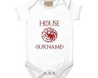 Game of Thrones Personalized Name House Targaryen Baby Bodysuit Custom BabyGrow Cute Game of Thrones Baby Shower Gift