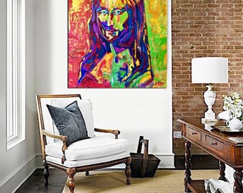 Mona LISA Painting, Large Abstract Painting on Canvas, ORIGINAL, Portrait La Joconde Art Paintings, Pop Art Painting, Home Decor, Colorful