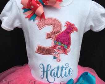 Custom Trolls Princess Poppy Inspired Glitter Applique Birthday Party Shirt With Name