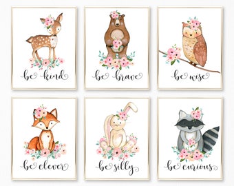 Be Kind, Be Brave, Be Clever, Be Curious, Be Silly, Be Wise, Pink Peach and Mint Nursery Wall Art. Woodland Girl Nursery. Baby Decor.