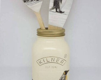 Penguins, hand painted, Decoupaged Shabby Chic 1 ltr Kilner Jar, matching wooden spoon & spatula /Kitchen Decor/Christmas Gift/Home Decor