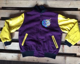 1980s vintage MTV jacket, leather, purple, yellow, bomber, 80s, music, television, friday night, videos, saturday morning, tv show, rare