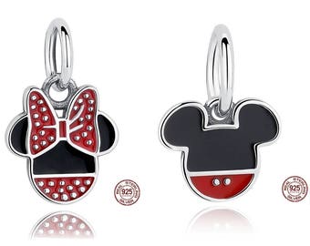 Choose between Mickey or Minnie Mouse Pendant Charm, 100% Real Stelrling Silver, Fits Famous Pandora Charm Bracelets or Snake Chain, DIY.