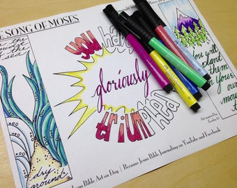 Song of Moses Bible Journaling Margin Art & Tip-in, Exodus 15, Printable and Traceable Templates, Hand Lettering, set of 3, 1 page