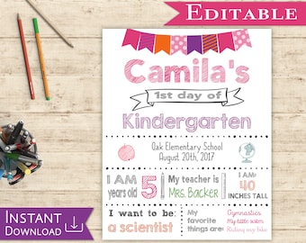 First day of School Sign Editable White Board Girl Back to School 1st day of School, DIY Printable Photo, Pink and Purple, Flags