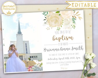 Baptism Invitation Girl LDS Editable PDF Floral White Gold Flower Watercolour Printable Baptism Invite Digital Print Instant Download