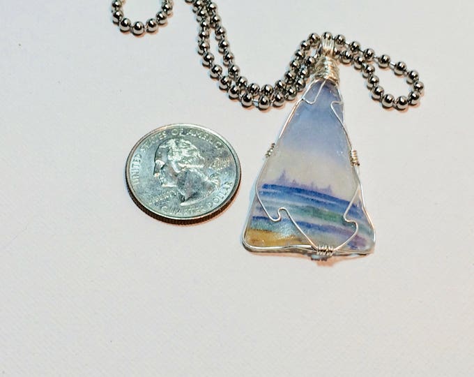 Large Beach Glass pendant with 30" large ball chain - Wire Wrap Beach Scene Beach Glass -Lake Michigan - Chicago Skyline