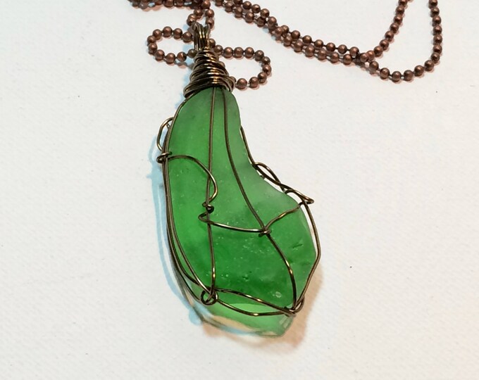 Large Green Authentic Lake Michigan Beach Glass - Wire Wrapped bronze wire - For Her - Beautiful Necklace