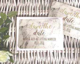 Save the date cards with real foil. Marble effect save the date cards with gold foil. Personalised save the date wedding cards with foil.