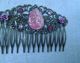bronze hair comb and Pink Rhinestone cabochon