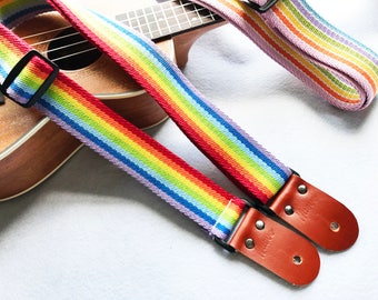 Promotion Item(2 color available)!NuovoDesign Fancy rainbow "Hope" Ukulele strap,Whisky color leather ends.Tie string & end pin included