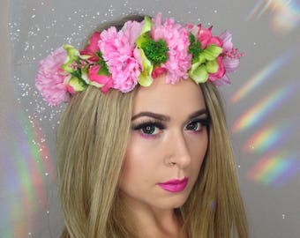 Tropical Pink and Green Flower Crown, Day of the Dead headpiece