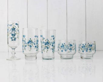 ARCOPAL drinking glasses set - France, Veronica, Myosotis, Forget me not, Blue flowers, Retro kitchen decor, French home decor, For 2 , E017