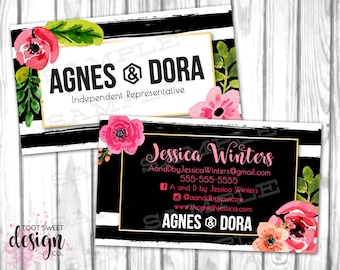 Agnes and Dora Business Cards, Custom Agnes & Dora Small Business Card, Black Stripe Floral Marketing, Independent Rep Branding, PRINTABLE