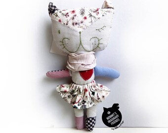 Cute Kitten, White Kitten in skirt, OOAK Cuddly Toy, Handmade Unique Toy, Soft Toy, Ready to Ship, For Cat Lovers