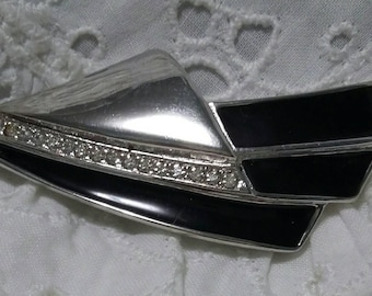 Piscitello art deco silver and black enamel rhinestone brooch