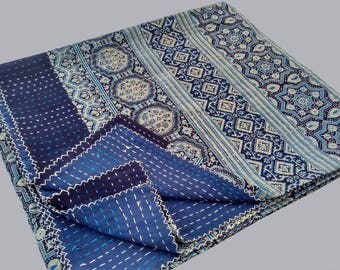 Traditional style Unique Kantha Quilt Handmade hand block print Saree ,throw,Bed cover Bedspread Ajrak Queen size,Twin size,King size quilt