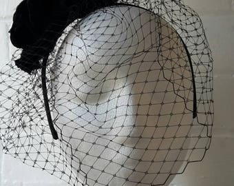 Black birdcage veil and velvet roses hairband hairpiece. Mourning, vintage, alternative, roses, pin up, rockabilly, retro.