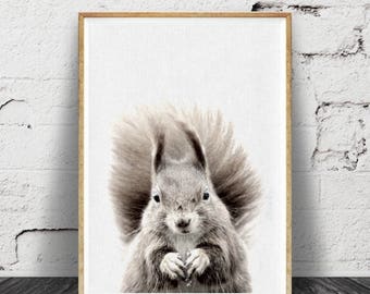 Écureuil impression, Woodlands Animal Wall Art, décor de chambre d'enfant, noir et blanc, moderne Minimal,téléchargement numérique, Art