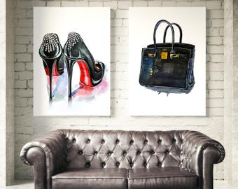 Set of 2 fashion prints. Christian Louboutin shoes, Hermes Birkin Bag. Wall art, fashion set posters, watercolor prints. Free shipping.