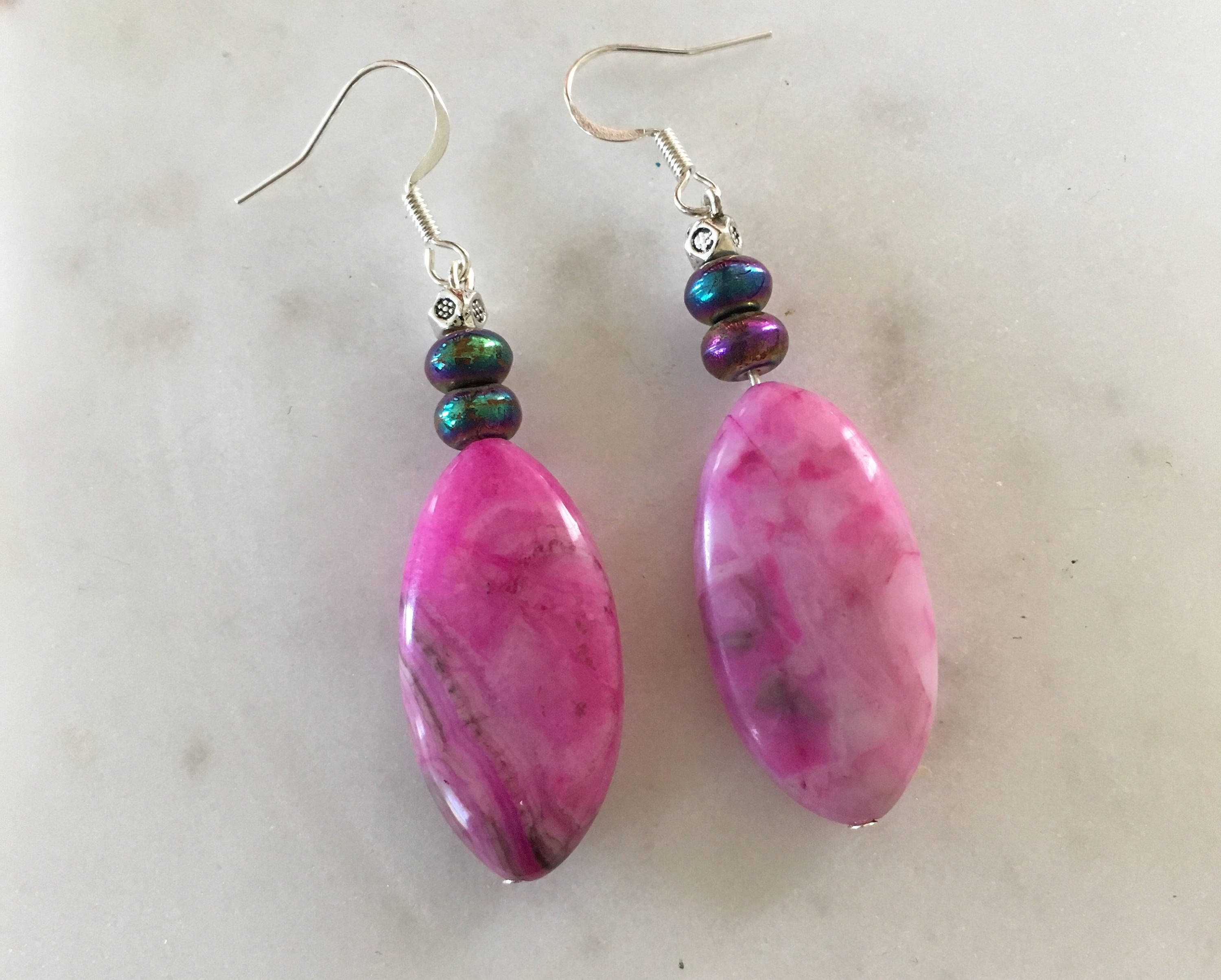 Handmade Pink Stone Earrings With Multi Colored Acrylic Beads