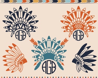 Indian Monogram SVG Native American Indian Headdress Head Indian Bonnet Frames Cut Files Svg Cut Files Silhouette Decals Apache Indians SVG