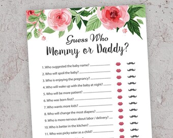 Mommy or Daddy Game, Printable Baby Shower, Who Said it Game, Baby Shower Game Activity, He Said She Said, Floral Baby Shower, GR7