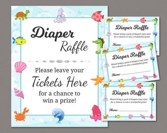 Diaper Raffle Ticket, Diaper Raffle Sign, Baby Shower Games Printable, Under the Sea Theme, Ocean Underwater Fish, Instant Download, SBS6