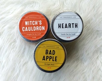 Fall Soy Candle Sampler - Pack of 3 - Apple Crumble, Pumpkin Pie, Vanilla Chai | Fall candles | Autumn candles | Halloween candles | 3 oz ea