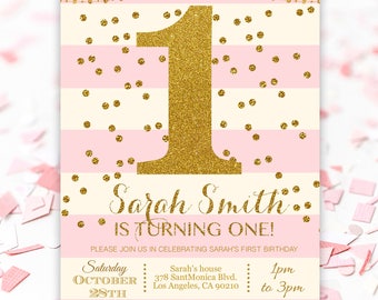 Pink and gold first birthday invitations - Pink Gold 1st Birthday Party - Pink Striped and Gold Confetti Birthday Invitation #GP1STGPG