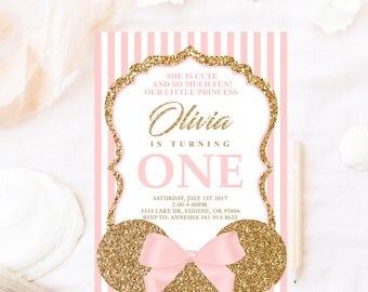 Minnie mouse birthday invitation, glitter Minnie mouse invite, pink bow Minnie ear birthday invitation Minnie birthday invitation, Minnie