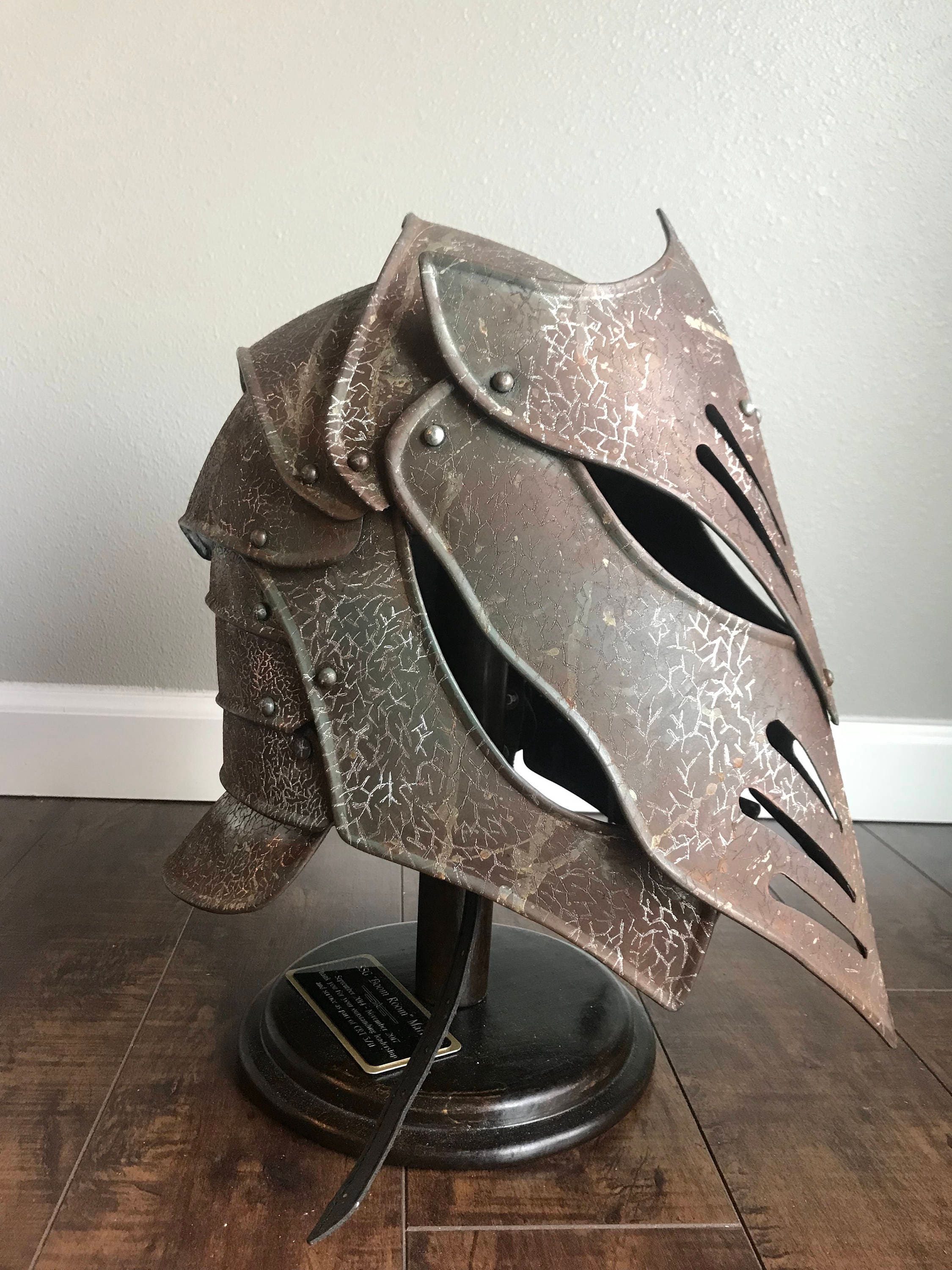 Custom engraved metal dragon helmet LARP award trophy