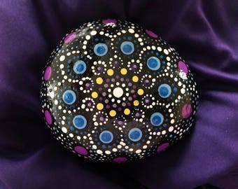 Medium, Mandala stone, mandala rock, painted stone, painted rock, meditation stone, serenity rock, dot art, flower, purple, blue, yellow,