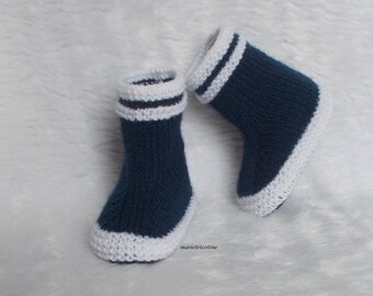 baby wool slippers boots 0/3 months handknit Navy white marietricotine