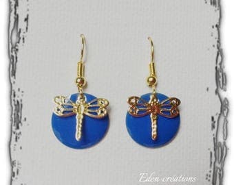 Blue round enamel sequin King and Dragonfly earrings